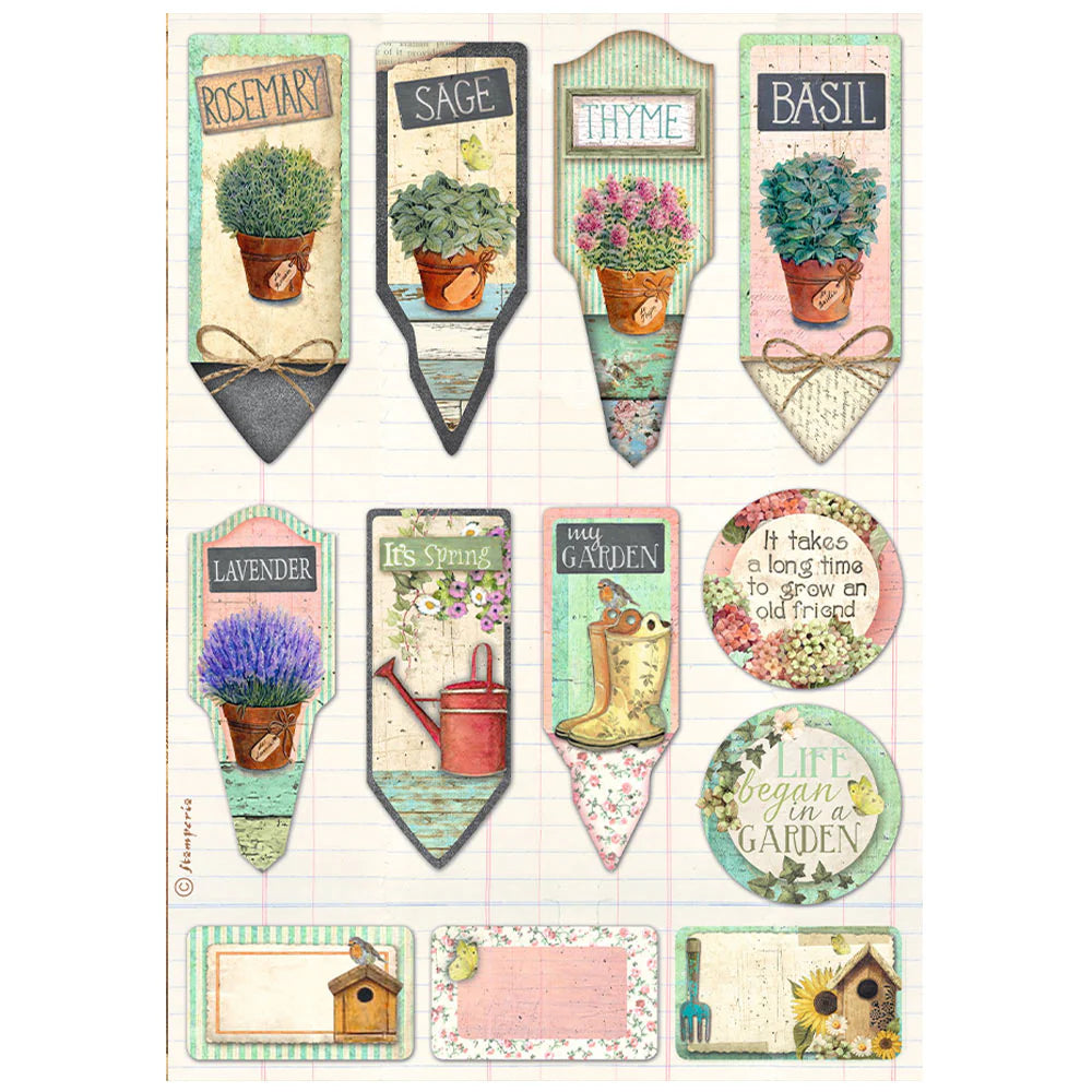 Stamperia Rice Paper Sheet A4 - Garden Tags And Labels