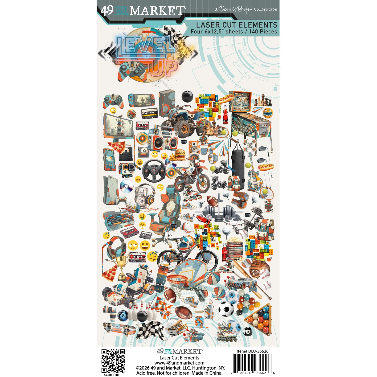 A sheet of 49 Market Laser Cut Elements stickers featuring a retro 1960s and 1970s theme with various vintage items like a steering wheel, cassette tape, rotary phone, and racing elements.