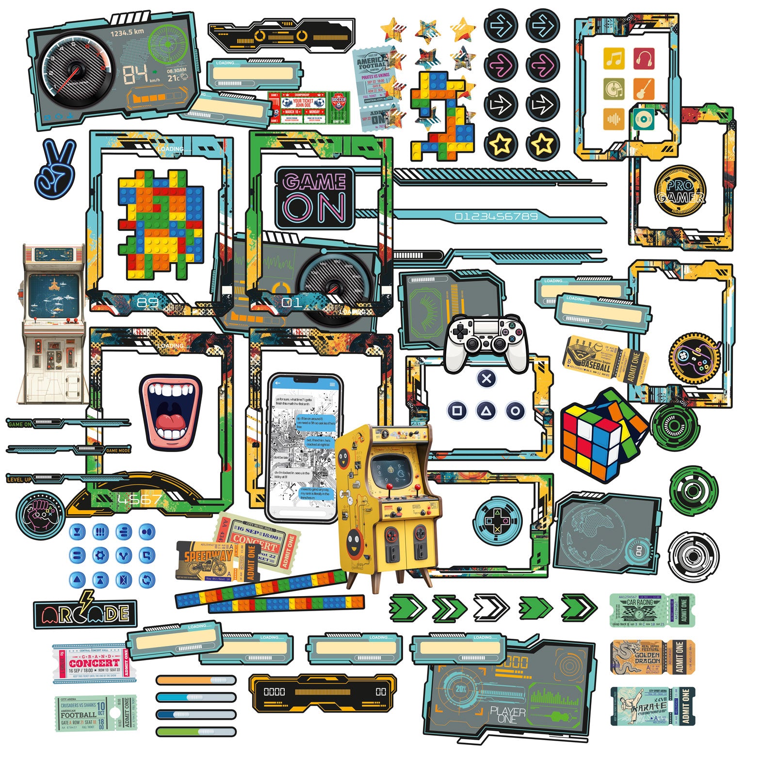 A flat lay of many small decorative stickers and decal pieces arranged on a white background. The designs include video game-themed graphics such as a game controller, game pad, retro console, score display, directional arrows, buttons, a Rubik's cube, a mouth graphic, and various colorful geometric and pixel-art motifs.