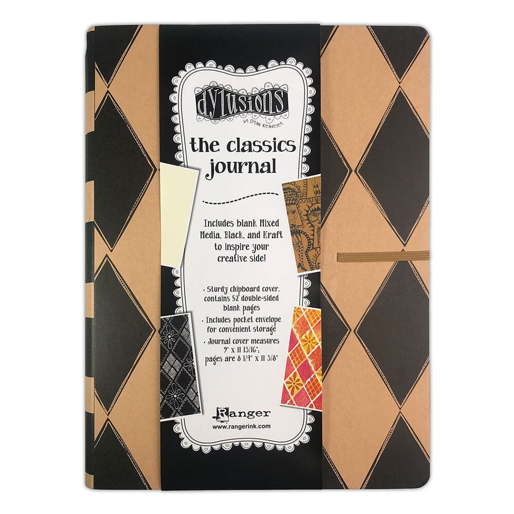 Large Dylusions journal includes blank, Mixed Media, Black and Kraft with a chipboard cover, 52 double sided pages and pocket envelope. 


