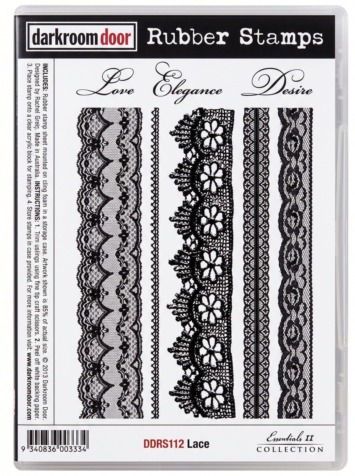 Darkroom Door Lace cling rubber stamp set in its storage case, with decorative lace borders and Love, Elegance and Desire sentiments