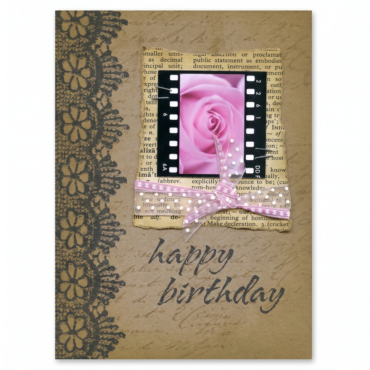 Vintage-style birthday card with a pink centre panel and lace details stamped with the Darkroom Door Lace stamp set