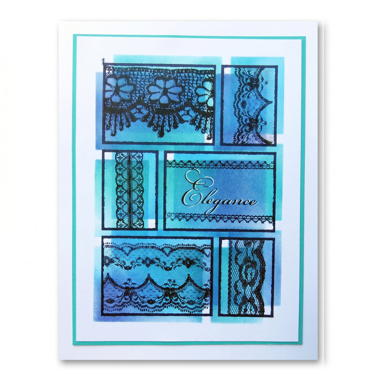 Blue handmade card featuring decorative lace patterns stamped with the Darkroom Door Lace stamp set