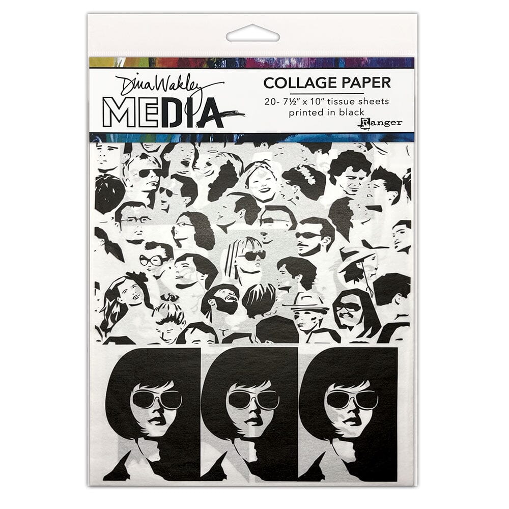 Collage paper with black and white faces design on a Bira Media packaging.
