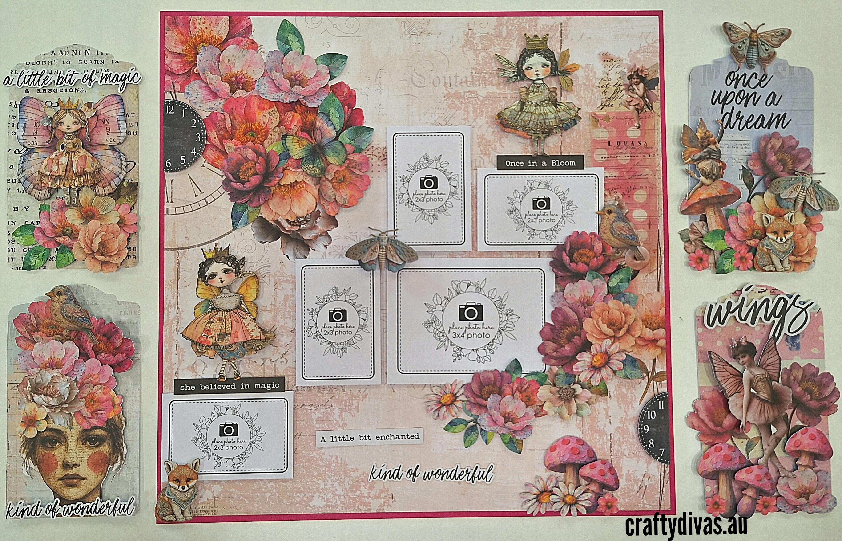 Decorative paper class with fairy-themed designs, flowers, and text on a pink background.