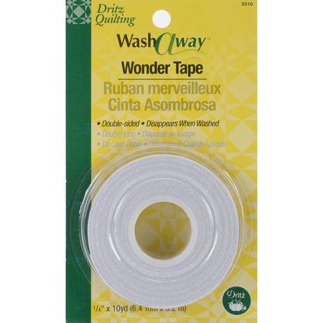 Packaging of Dritz Quilting Wash Away Wonder Tape with a yellow and green background.