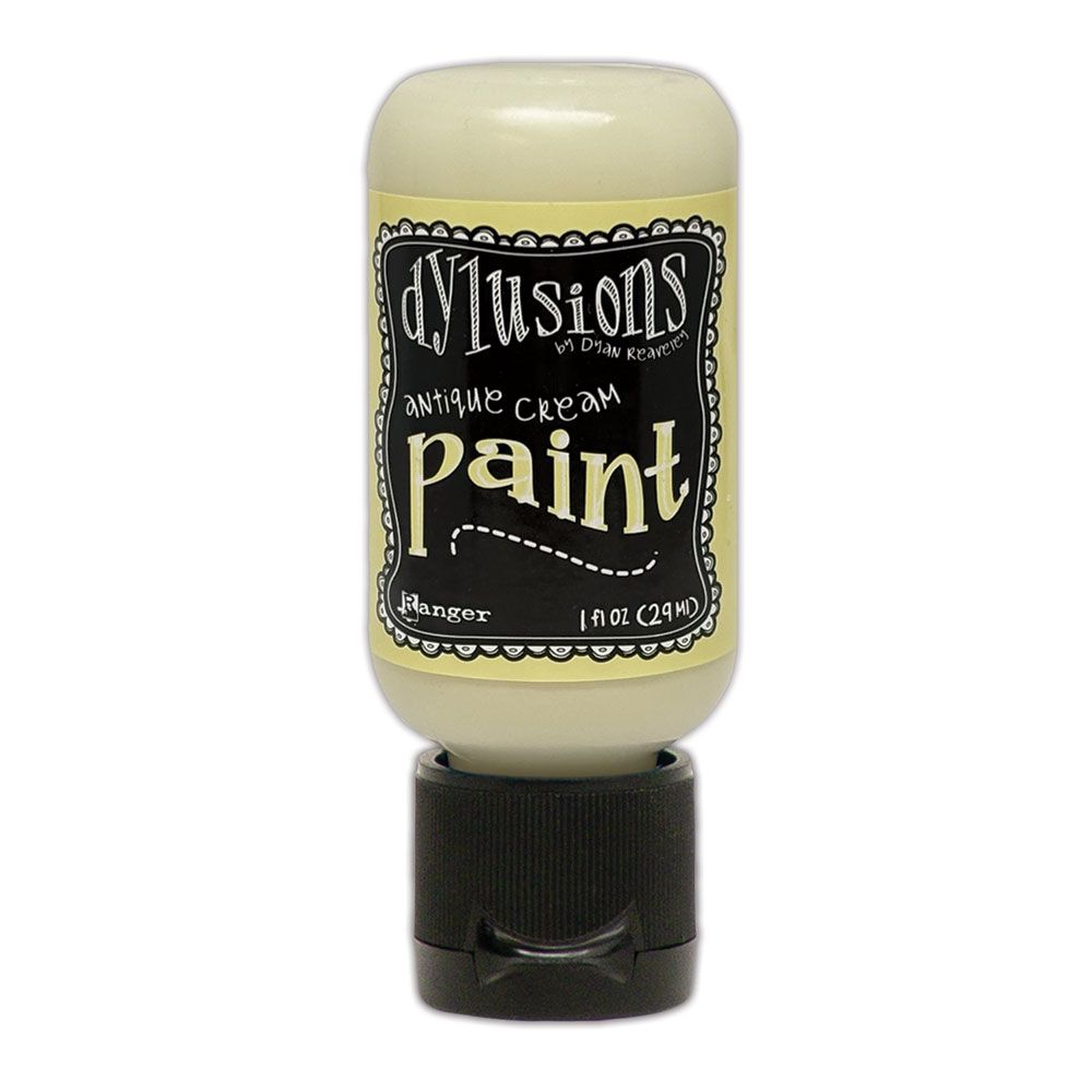 Bottle of Dylusions Antique Cream paint with a black label on a white background