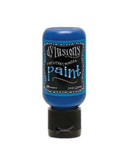 A bottle of Dylusions Temporary  Paint in the shade Blueberry Mimosa, featuring a bright blue bottle with a black cap and a black label.