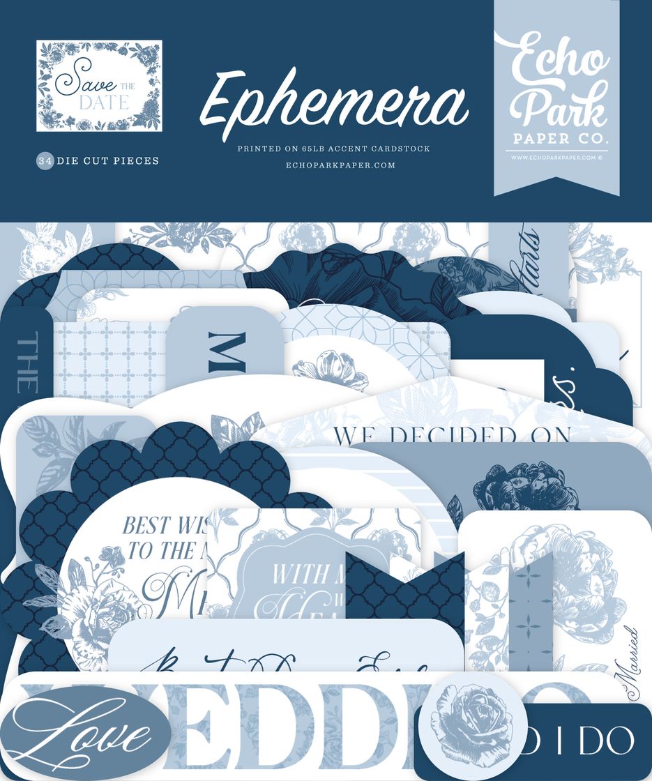 Packaging of Echo Park Ephemera with die-cut pieces on a blue background