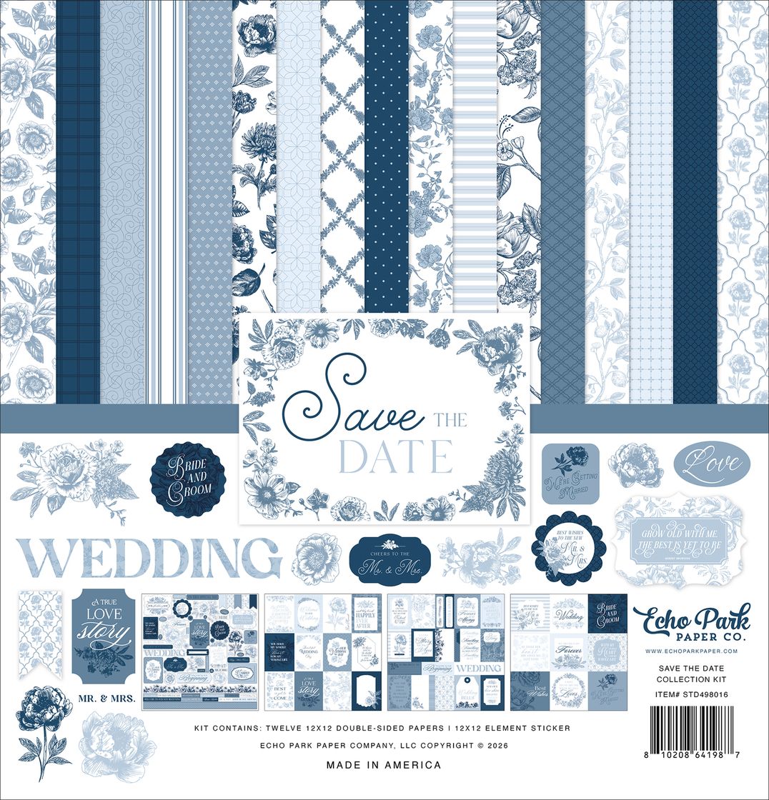 Collection of blue and white wedding-themed paper designs with text and patterns.