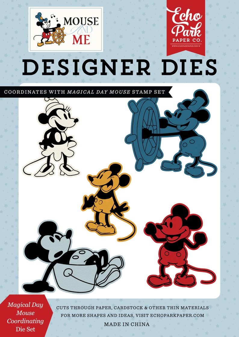 Echo Park Paper Co. Designer Dies packaging with Mickey Mouse illustrations on a light blue background.