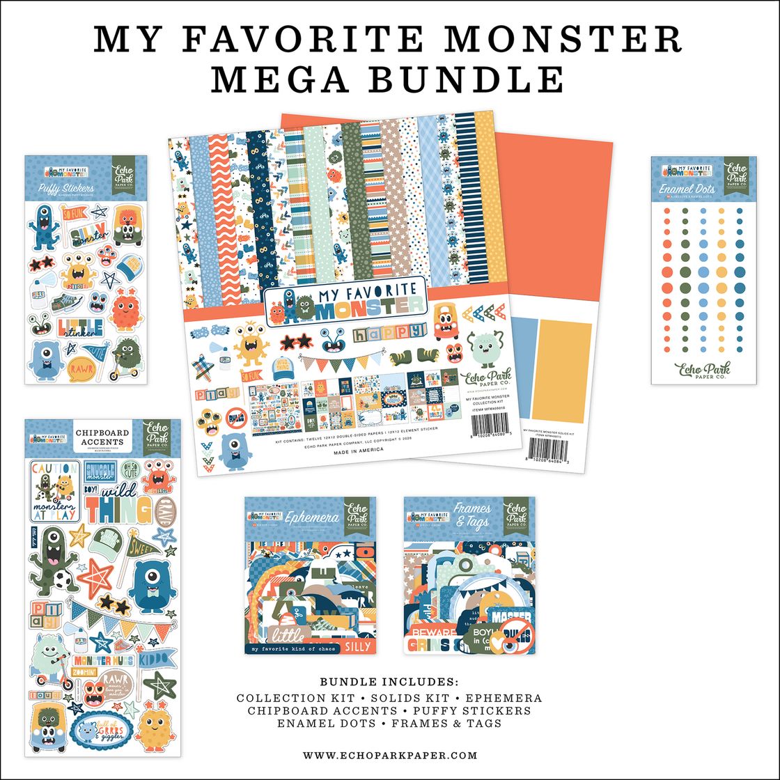 Echo Park 'My Favorite Monster' Mega Bundle with various design elements on a white background