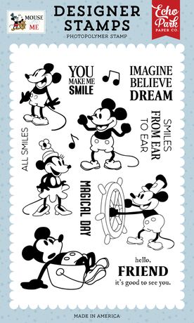 Designer stamps with cartoon characters and text on a light blue background