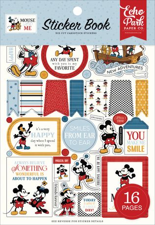 Echo Park Mickey Mouse sticker book with various designs and text on a white background