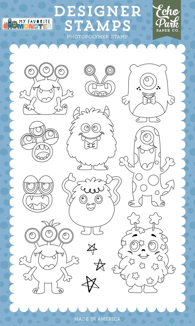 Designer stamps with cartoon monster designs on a blue background