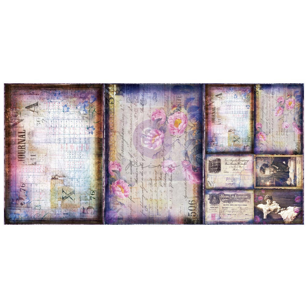 A collage-style decorative print or card set featuring vintage journal entries, floral illustrations in pink and purple, faded script, and small inset photographs on a white background.