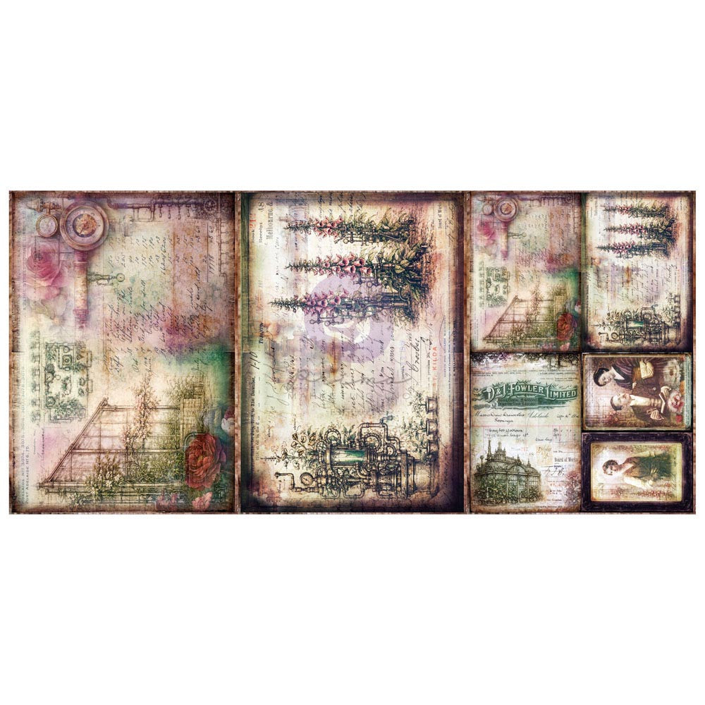 A collage-style art print or decorative panel featuring multiple vintage-inspired panels with faded script, trees, architectural sketches, and small illustrated scenes in muted earthy tones.