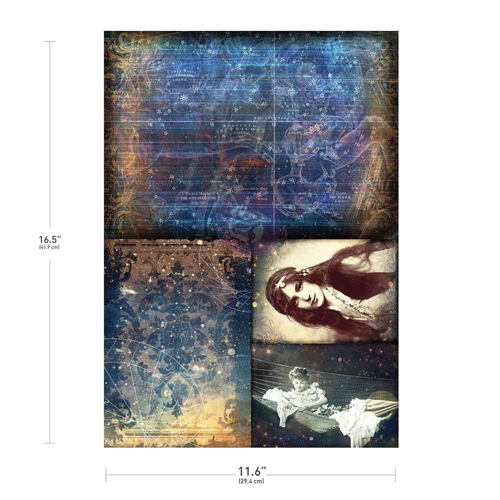 Collage of celestial designs and vintage-style portraits with measurements indicated.