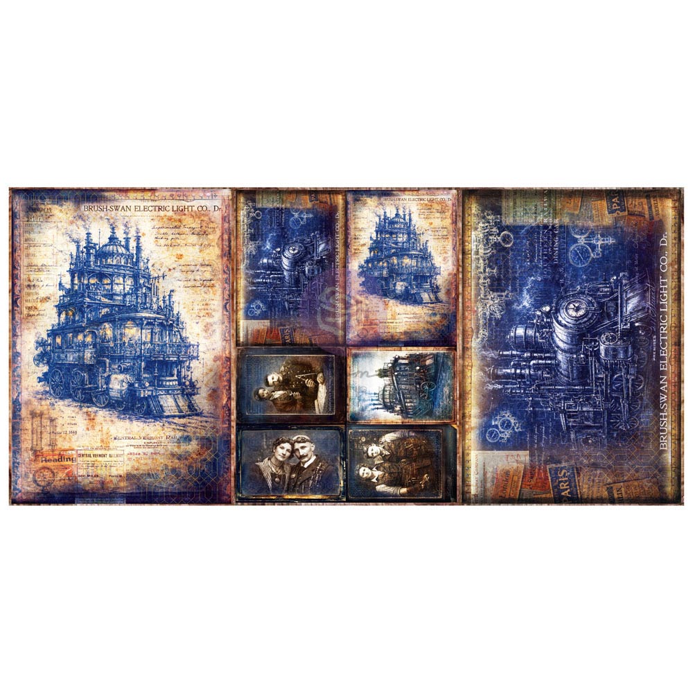 Steampunk-themed collage print featuring blue mechanical illustrations, vintage text, and small inset portraits on a distressed parchment-style background.