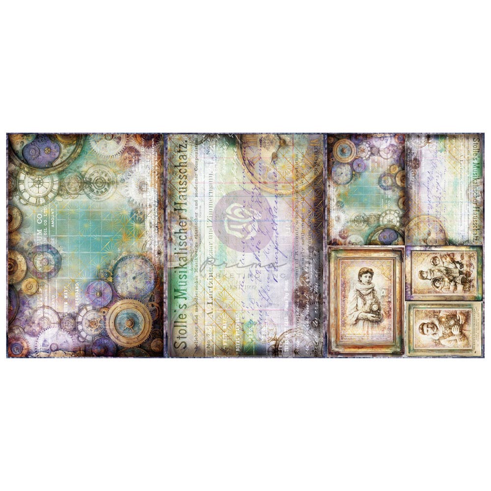 A collage-style scrapbook paper or craft sheet design with vintage steampunk elements, including gears, clocks, faded text, and small framed portrait illustrations, shown on a white background.