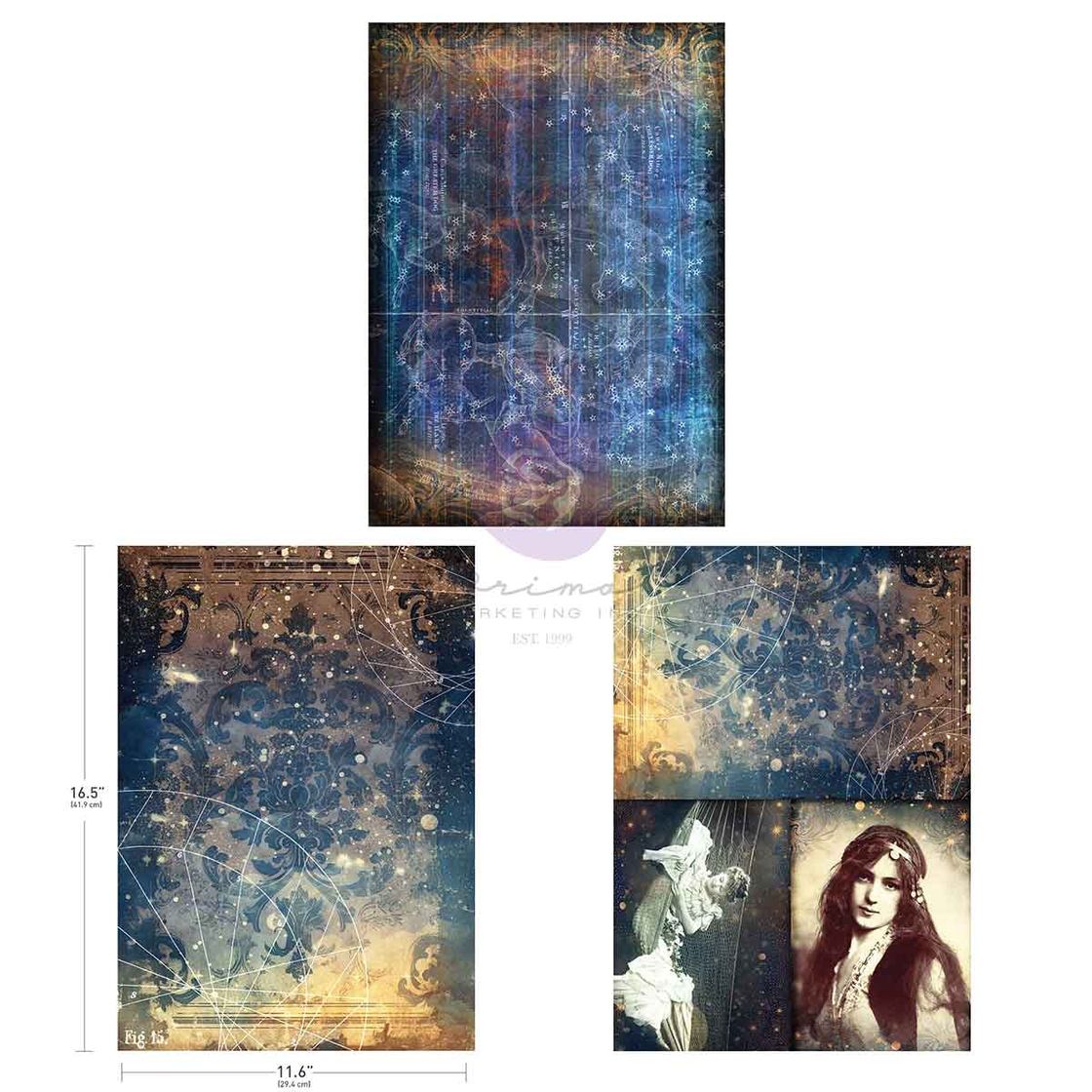 Set of four vintage-style posters with celestial designs and portraits on a white background.
