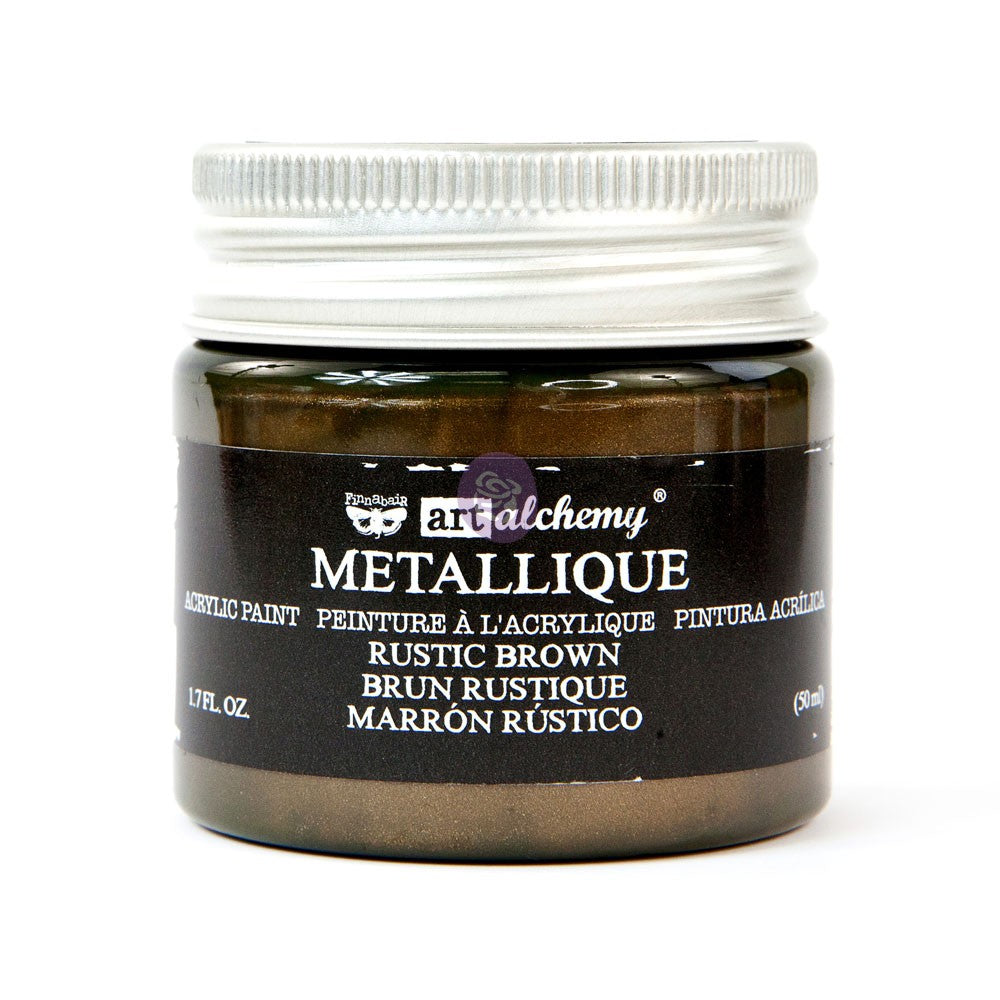 Jar of art alchemy Metallique acrylic paint in Rustic Brown on a white background