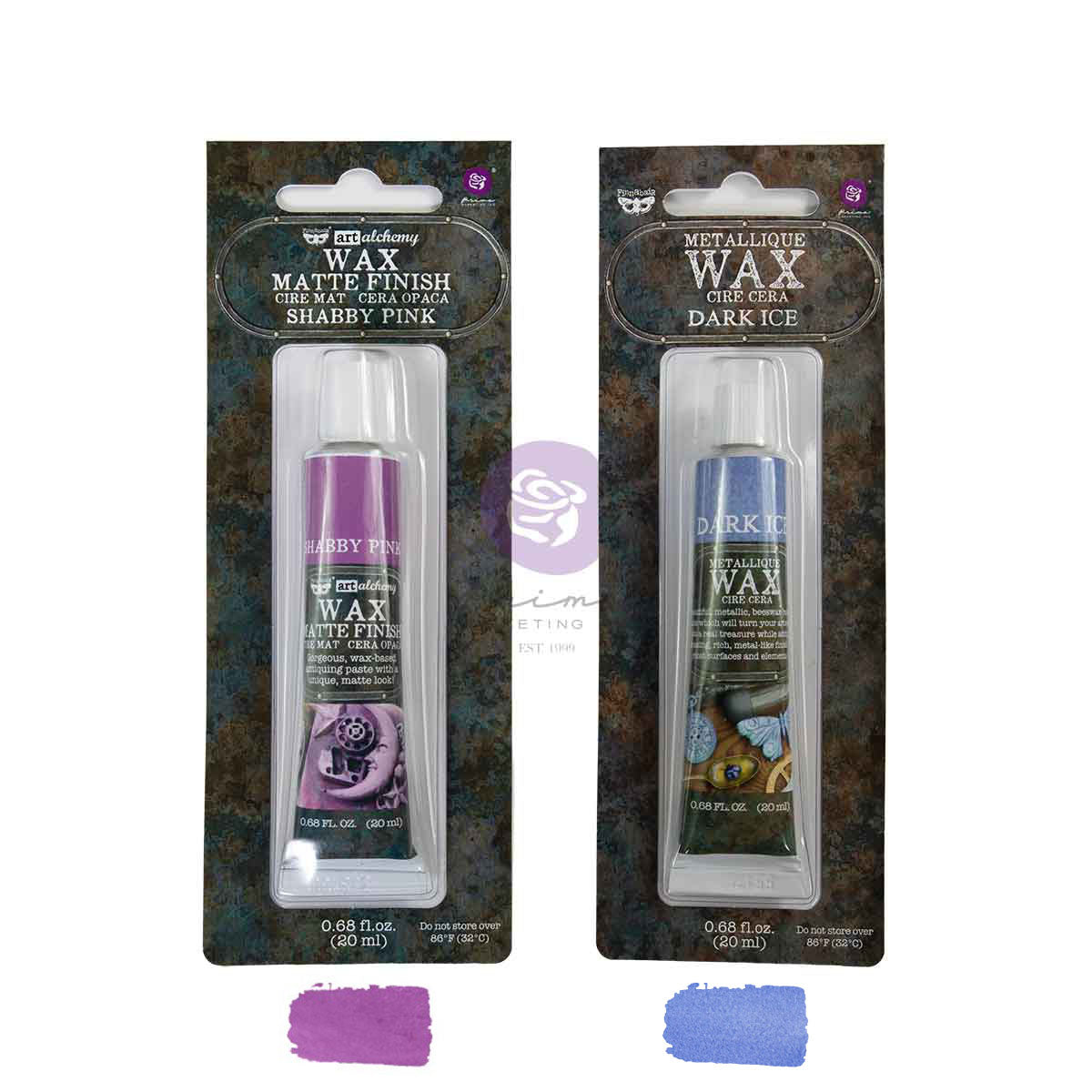 Two tubes of metallic wax finish shown in retail packaging on a white background, with color swatches below. The left package is Shabby Pink and the right package is Dark Ice, both labeled as metallic wax for craft.