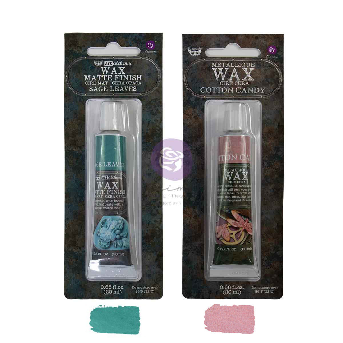 Two tubes of BellaVox metallic wax in their retail packaging, displayed side-by-side on a white background with color swatches below. The left tube is Sage Leaves matte finish in a teal-green color, and the right tube is Cotton Candy metallic wax in a dusty pink color.