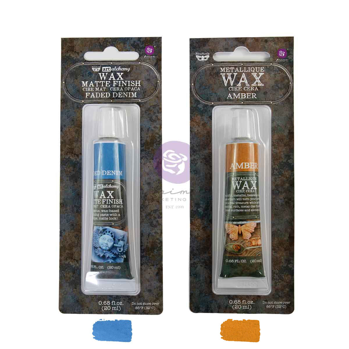 Two tubes of Metallic Wax by Prima, one Matte Finish in Blue (denim) and one Metalliqur Wax in Amber (amber), both in blister packaging with color swatches below.