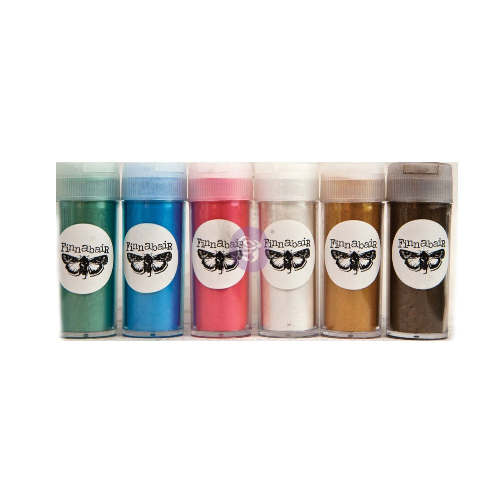Six small plastic jars of FunAbaek glitter in assorted colors, arranged side-by-side in a clear plastic clamshell container against a white background.