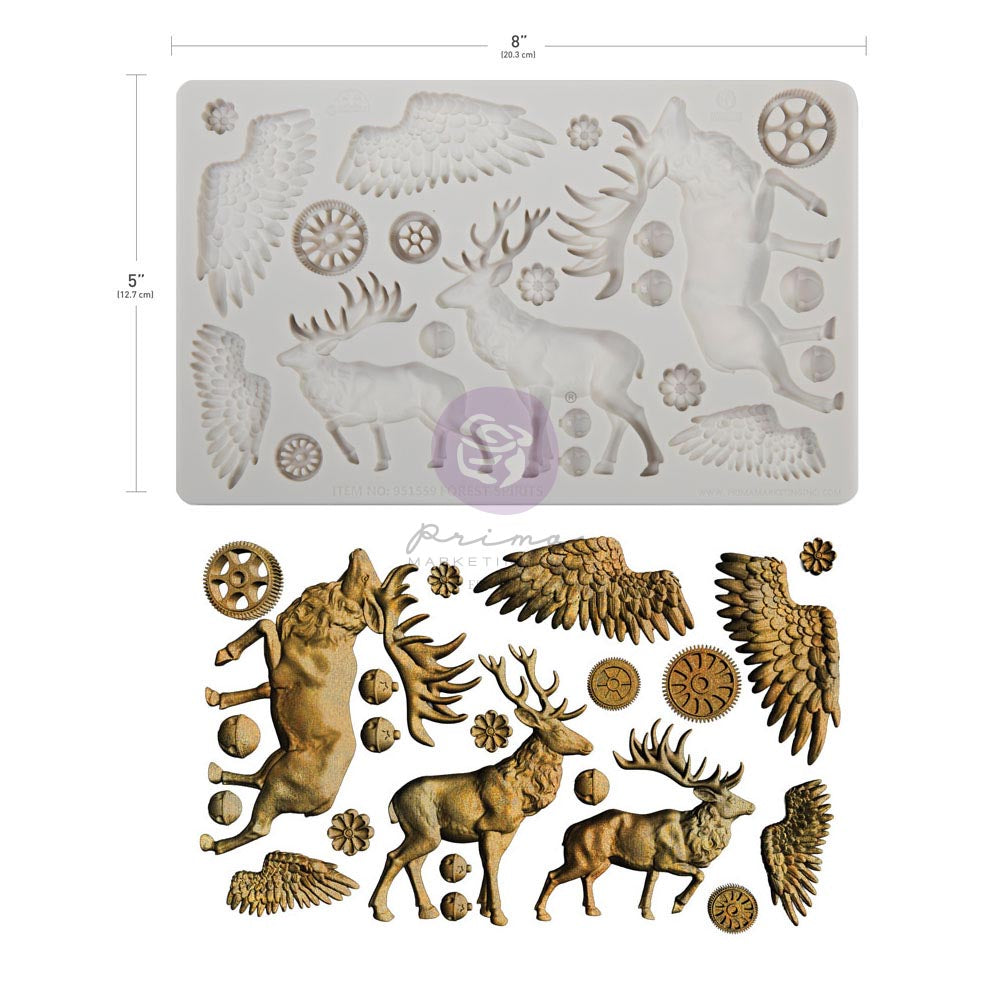 A decorative mold with animal and nature motifs including deer, wolves, eagles, wings, and circular wheel-like patterns.