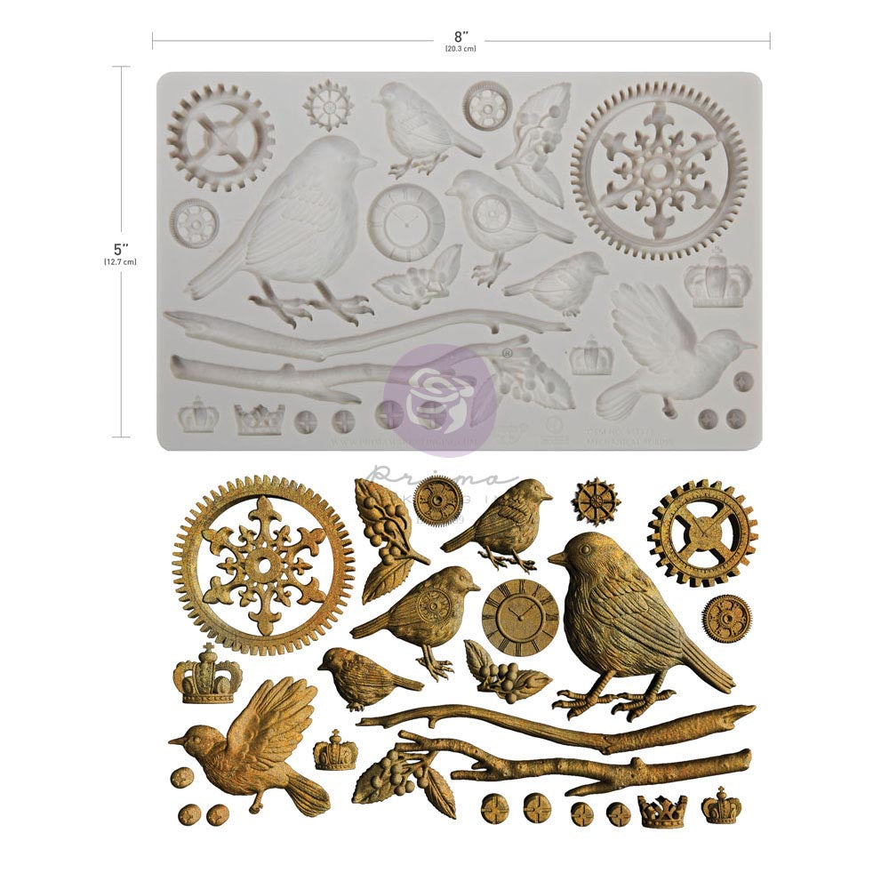 A bird-themed craft mold or decoupage sheet shown with its corresponding cutout pieces below. The top sheet features various bird, gear, crown, and clock designs in a light gray color, with dimension lines indicating 8 inches by 5 inches.