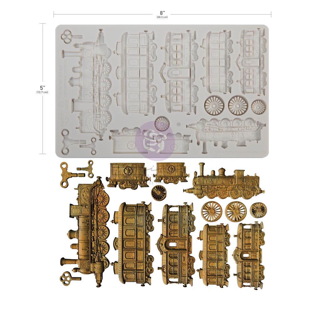 A set of vintage-style train molds displayed on a white background, with dimension labels showing 8 inches by 5 inches. The top half shows a rectangular gray mold tray with embossed train shapes, and the bottom half shows corresponding metallic gold-toned train pieces and small key-like accessories.