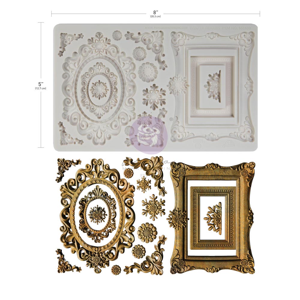 A decorative mold  set shown on a white background with dimension lines indicating 8 inches by 5 inches. The top half shows a light gray rectangular mold with ornate embossed floral and scroll motifs, and the bottom half shows matching gold-toned decorative relief pieces and a framed ornamental design.
