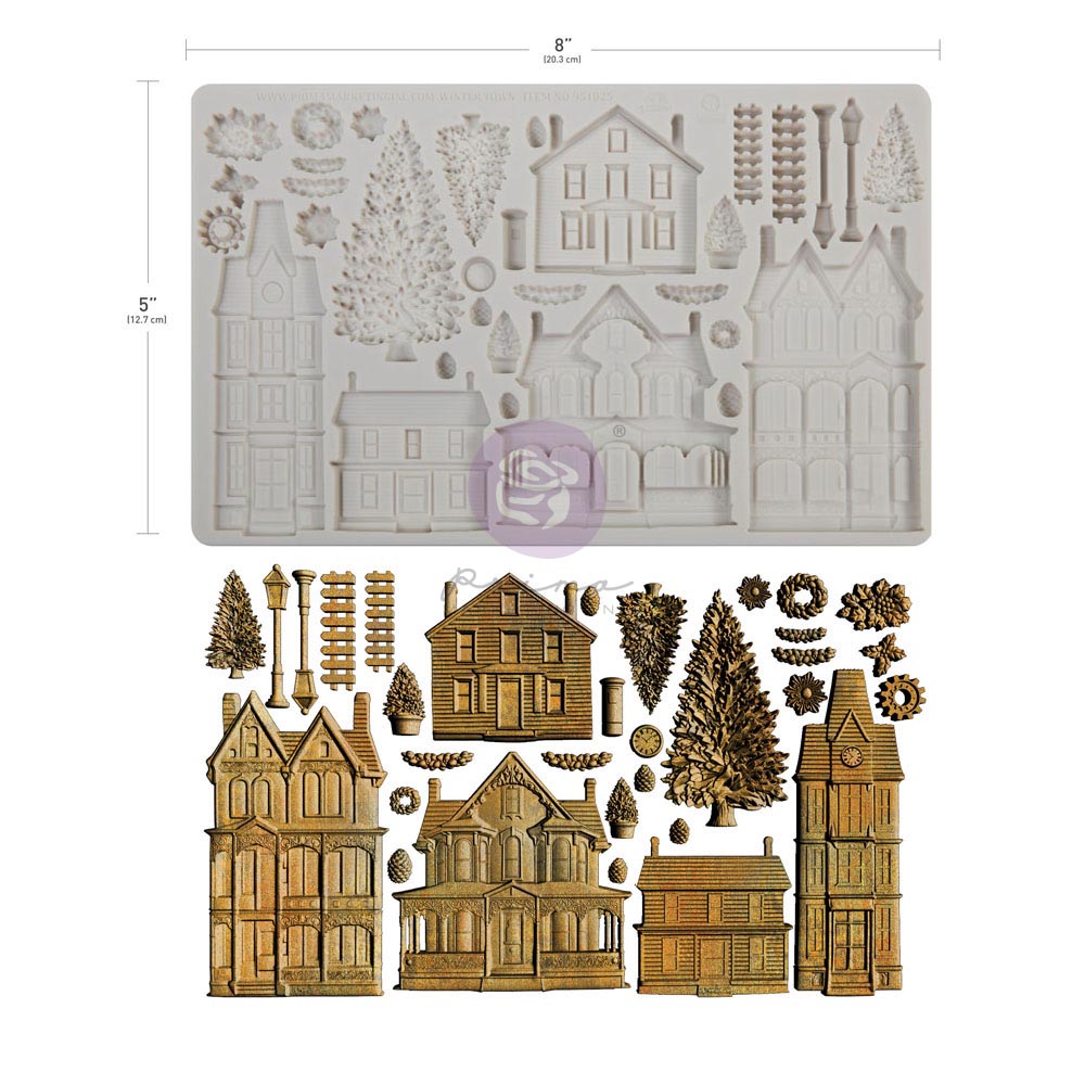 A holiday village craft mold shown on a white background with dimension lines indicating 8 inches by 5 inches. The top half shows the light gray silicone mold with embossed house and tree shapes.