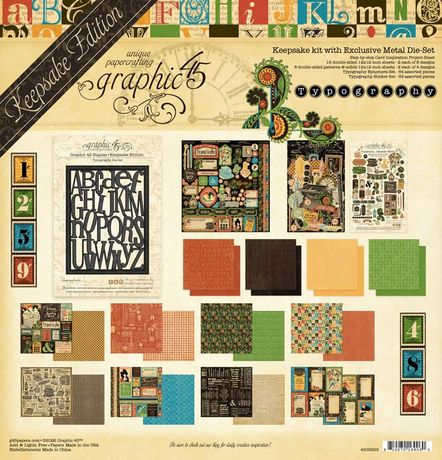 Graphic 45 keepsake kit with paper sheets and decorative elements on a beige background