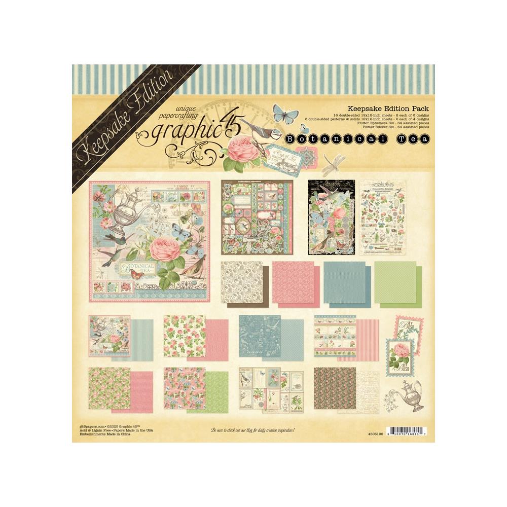 Packaging of Graphic 45 Keepake Edition paper pack with various patterned sheets.
