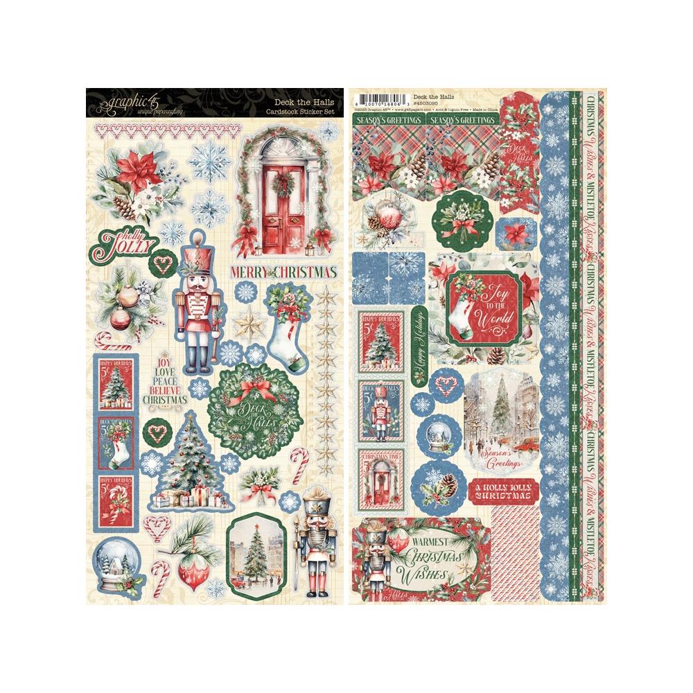 Christmas-themed sticker sheets with decorative elements on a cream background
