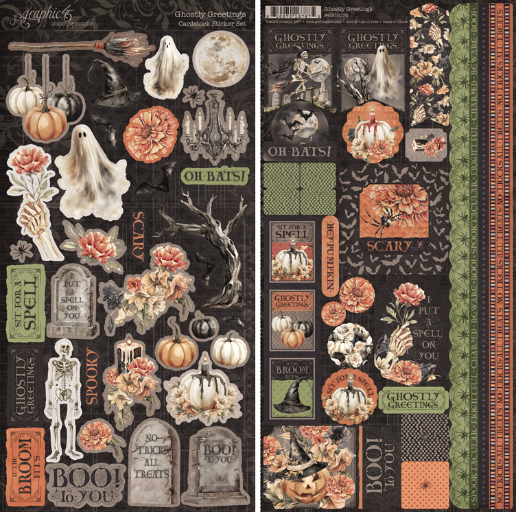 Halloween-themed decorative paper with ghosts, pumpkins, and other elements on a black background.