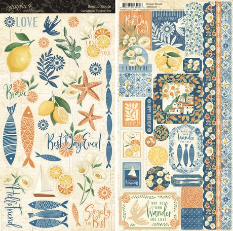 Two sheets of decorative paper with ocean-themed designs, including lemons, fish, and starfish.