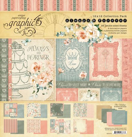 Collection of paper crafting sheets with floral and decorative designs, featuring the brand 'Graphic 45'.