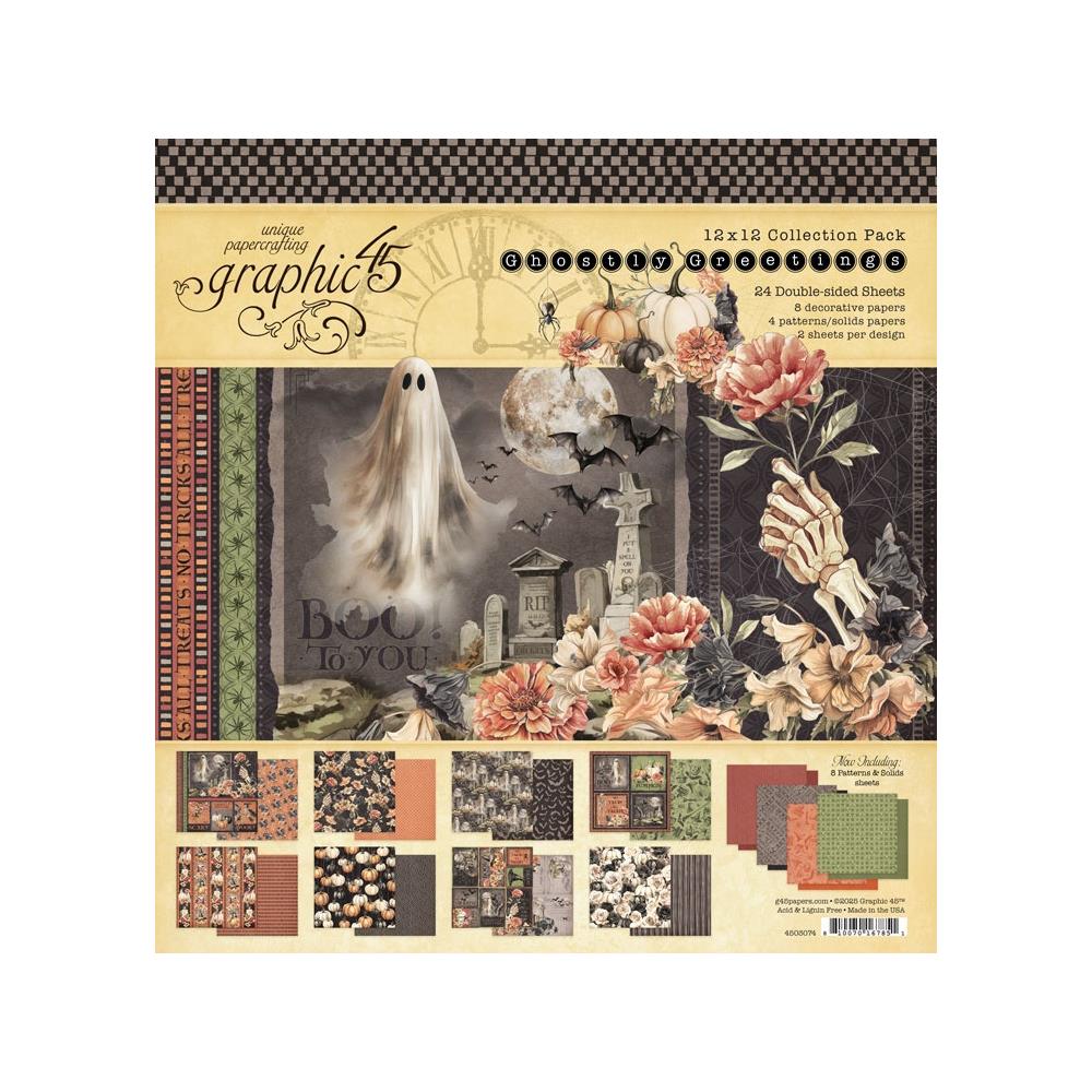 Halloween-themed paper collection pack with ghost, tombstone, and floral designs.