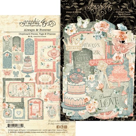 Decorative paper pack with 'Always & Forever' theme featuring flowers, cakes, and text.