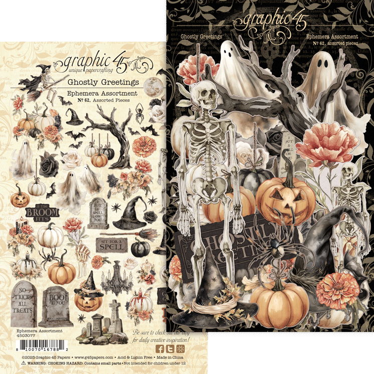 Halloween-themed ephemera pack with skeletons, pumpkins, and ghosts from Graphic 45.