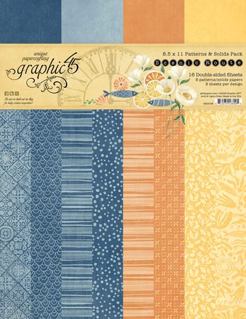 Collection of patterned and solid papers with a brand label on a white background