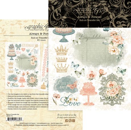 Collection of Graphic 45 decorative paper sheets with floral, crown, and text designs.