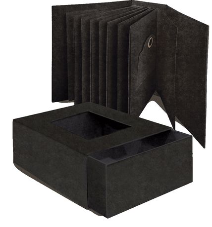 Black leather-bound album with a matching box on a white background