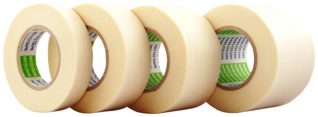 Five rolls of masking tape with visible brand name on a white background