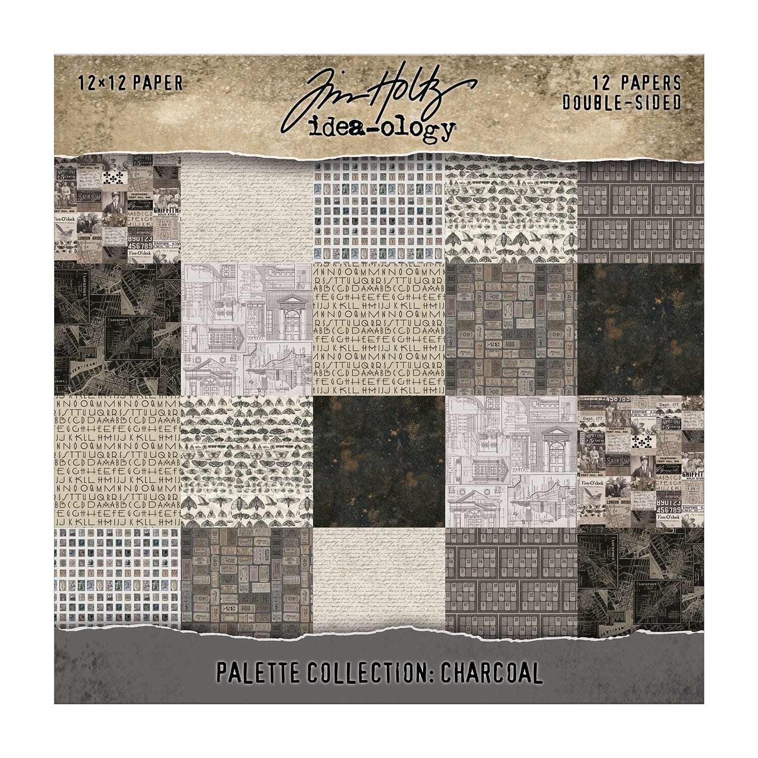 Collection of 12x12 patterned papers with a charcoal theme, featuring Tim Holtz Idea-ology branding.