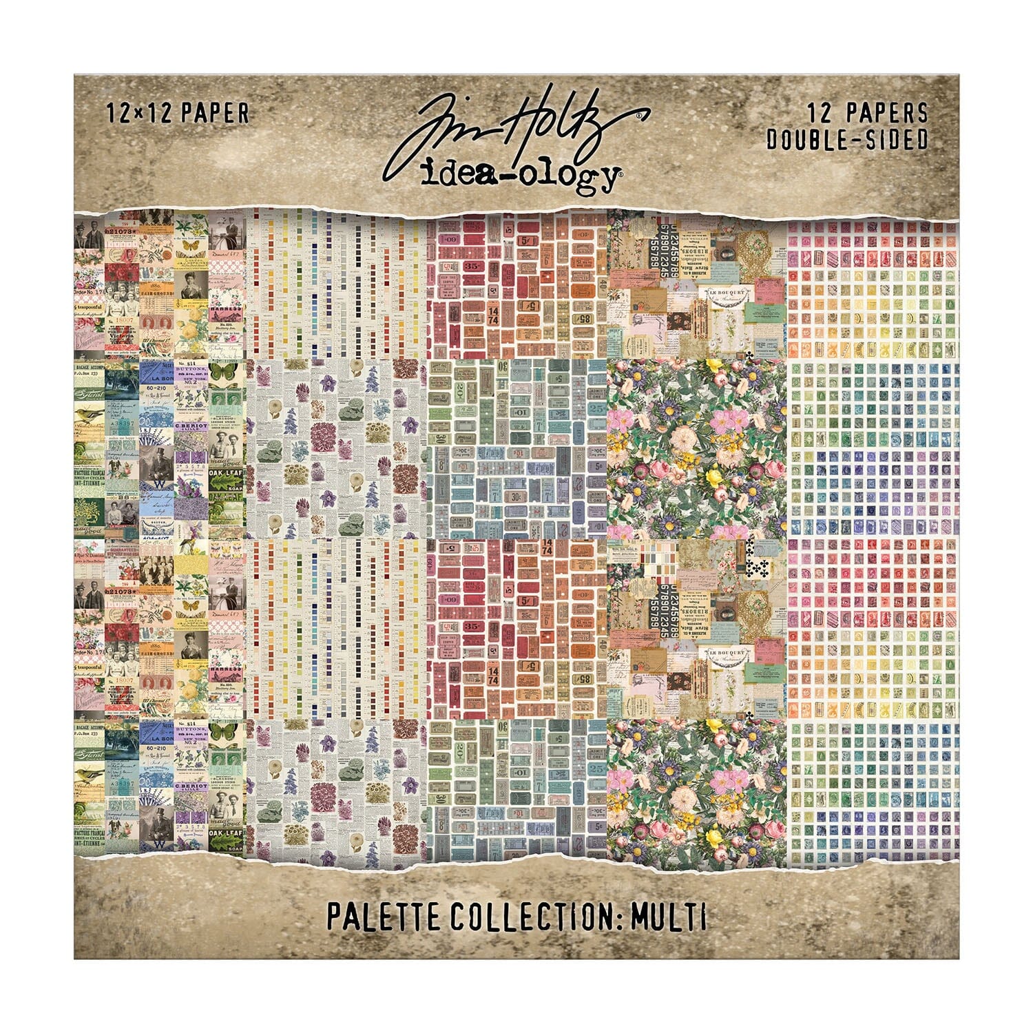 Tim Holtz Idea-ology paper pack with various patterns and colors on a textured brown background.